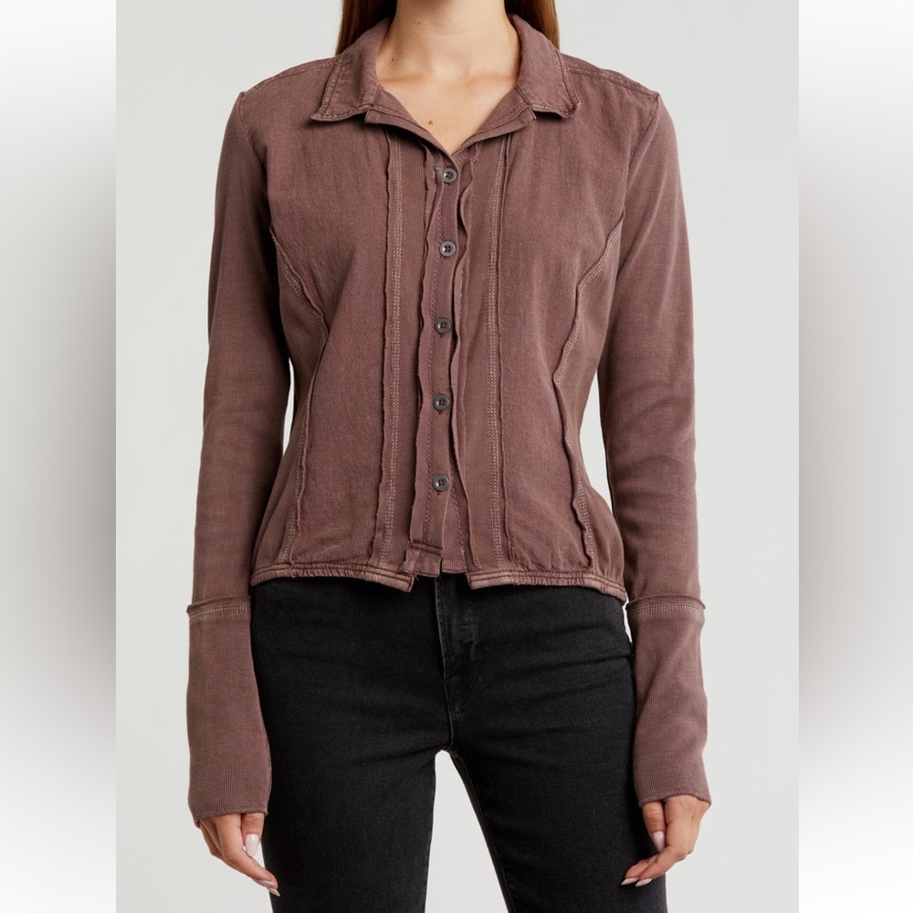 Free People NWT Tiny Button-Up Long Sleeve Collared Ribbed Cotton Top medium